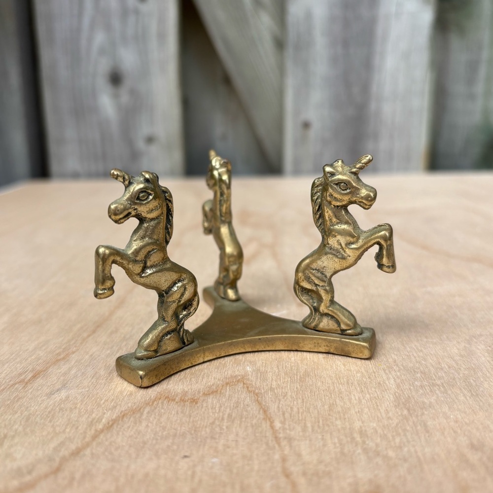 Vintage Small Solid Brass Pedestal Base With Three Unicorns